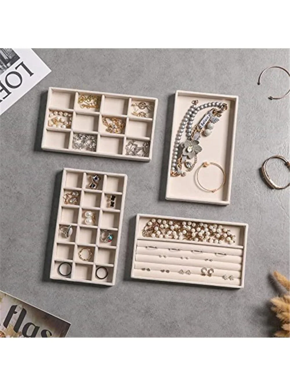 Velvet Jewelry Organizer Tray Set Stackable Ring Earring Necklace Storage Box